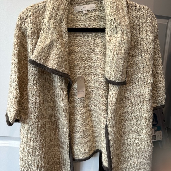 Beige Open Cardigan with Brown Trim -Short Sleeves-,Collar- LP-NWT - Picture 2 of 6